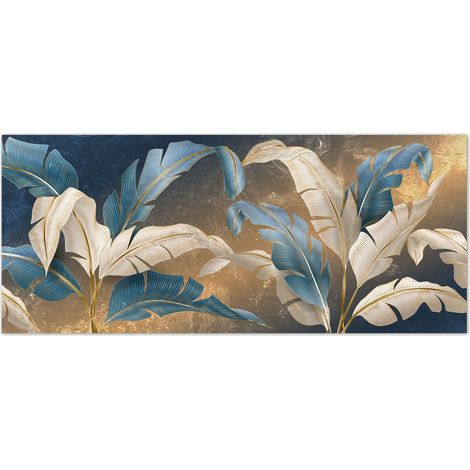 Lupia - Quadro moderno Stampa su Tela CANVAS WORLD 52x122 cm LEAVES WHITE BLUE, foglie blu e oro, per soggiorno, capezzale camera da letto, ufficio (1/4)