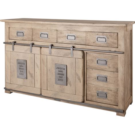 Massivmoebel24 – Buffet 150x45 en manguier laqué blanchi – Style industriel RAILWAY – Ambiance vintage avec éléments en métal – Meuble de rangement original