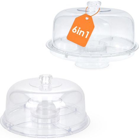 Kunststoff Servierschale 6in1 mit Deckel wiederverwenbar - 30 x 20 cm - Transport Snack Box mit 5 Fächern - Snackteller Snackbox Dip Tapas Schüsseln Servier Teller Lebensmittelhaube Tortenplatte