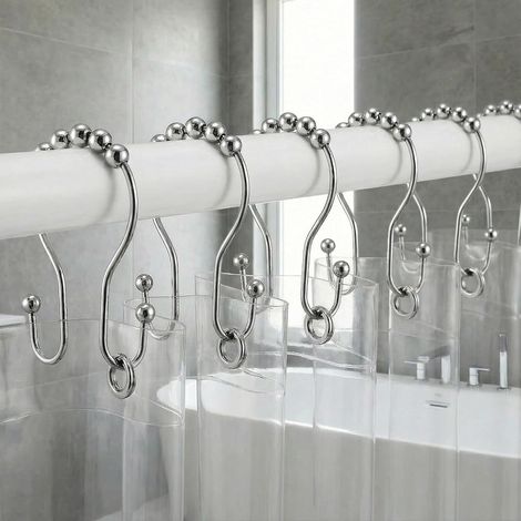 Lot de 12 anneaux de rideau de douche résistants à la rouille, anneaux de douche à double glissement avec boules lisses et design anti-chute pour tringle de douche, Acier inoxydable, 6,6 cm, argent (1/4)