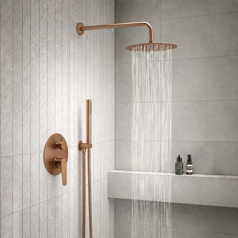 Set doccia con miscelatore a due vie completo di soffione 25 cm braccio 40 cm e kit doccetta in oro rosa Gedy (1/4)
