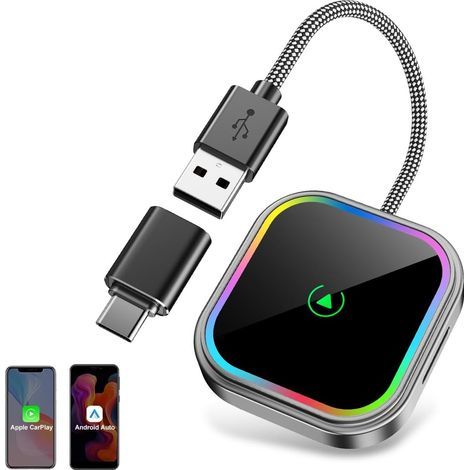 Mini Adaptateur sans Fil pour Apple CarPlay/Android Auto, 2 en 1 Adapter CarPlay sans Fil Bluetooth avec Prise USB A/C,Compatible avec iOS 10+ et Android 11+,RGB à Commande Vocale,Plug and Play