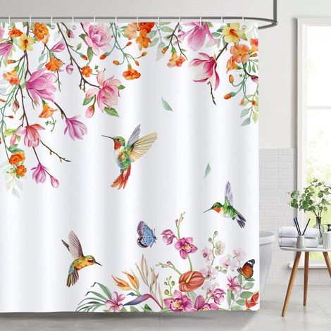 Bunter Kolibri-Duschvorhang – Frühlingshaftes Aquarell-Blumenmotiv, aus schimmelresistentem, wasserdichtem und waschbarem Polyesterg