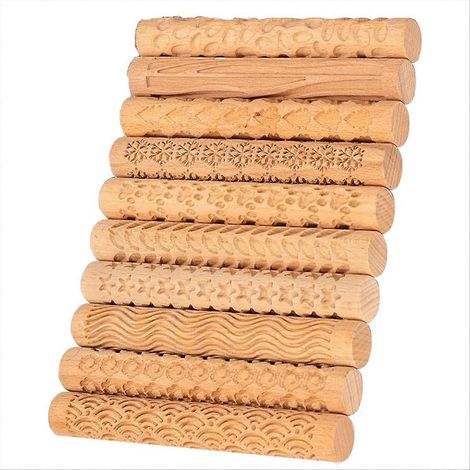 Ensemble de 10 rouleaux à texturer en bois pour poterie et céramique, pochoirs et tampons pour modelage. (1/5)