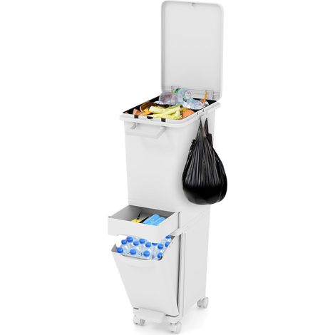COSTWAY 3 in 1 Pattumiera 32L, 2 Cassetti 2 Scomparti,Pedale,Cucina,40x26x84 cm,Bianco (1/5)