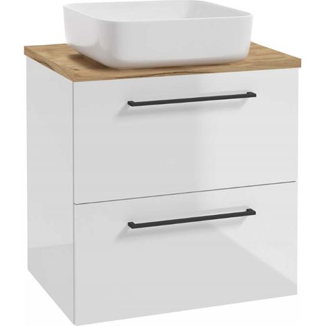 Waschtischunterschrank – Weiß lackiert – 60 cm – Mit Waschbecken – Arbeitsplatte aus Eiche