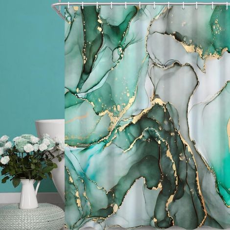Rideau de Douche, 165x180cm, Ombre Vert avec Or Art Abstrait Moderne Marbre Tissu Imperméable Rideau de Salle de Bain Lavable en Machine avec Crochets (1/5)