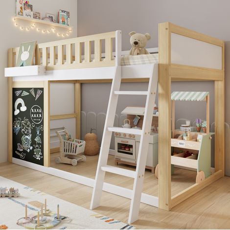 Kinderhochbett (205x129.5x128.5 cm), mit Tafel zum Bemalen, Aufbewahrungsbox, Kiefer und MDF, Weiß Natur (1/5)