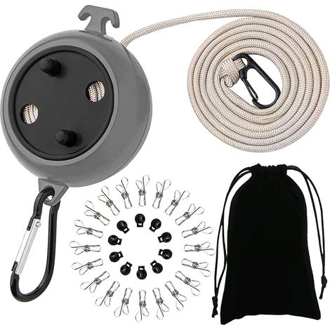 Corde a Linge Retractable,Corde à Linge Antidérapante Portable,Corde à Linge Voyage 10m, 10 Boucles de Retenue et 20 Pinces à Linge,pour Plein Air Camping Voyage Accessoires (Noir) (1/5)