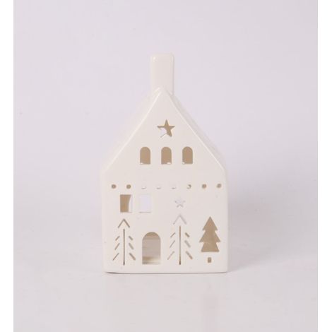 Windlicht Haus Keramik 13 x 7 cm weiß Windlicht
