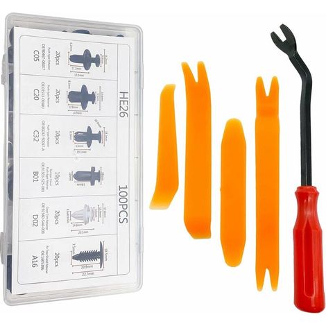 Clips De Fixation Automobile - 100 Pièces Clips Plastique 6 à 9,8 mm + 5 Outils Démontage - Pour Panneaux Portes Intérieurs Extérieurs Voiture - Lot Complet (1/4)