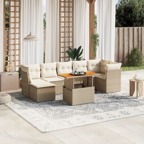 Ensemble salon jardin 8 places résine tressée beige avec coussins lavables - Table extensible acacia (1/3)