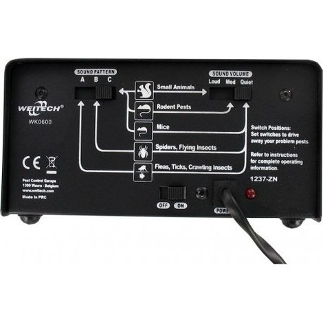 Répulsif à ultrasons professionnel pour souris et rats – Protection jusqu'à 325 m² – Boîtier métal – 2 haut-parleurs – Consommation 0,4W – Weitech (1/2)
