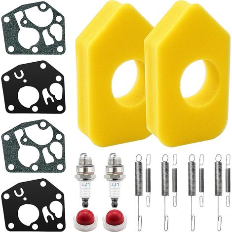 16 Pièces Kit d'entretien pour Tondeuse, Bougies d'allumage L7T, Pompe D'amorçage 694394, Ressorts Régulateur 692211 691859, 698369 Filtre à air en Mousse, Carburateur Diaphragme (1/5)