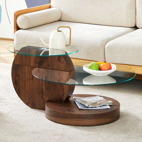 Tavolino da salotto rotondo in vetro temperato, design moderno, MDF, trasparente noce HAVRYA (1/5)