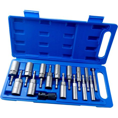Lot de 16 douilles à chapeau hexagonal prolongées 5.5mm à 19mm avec douille télescopique, embouts pour visseuse perceuse et clés à écrou en acier (1/4)