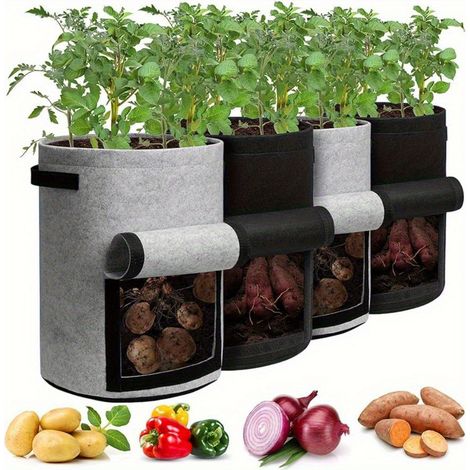 Sacchi per la coltivazione di patate con finestra di raccolta - 10 galloni - Set di 4 - Feltro non tessuto - Con manici - 45 x 35 cm - Nero e grigio - con patta (1/2)