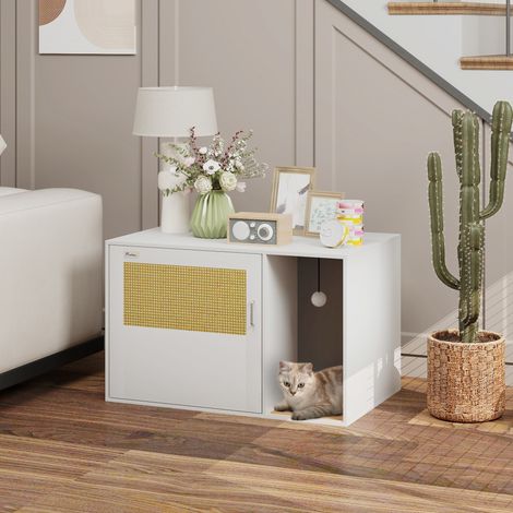 Maison de toilette chat meuble litière pour chat tapis griffoir porte avec poignées style bohème 80 x 50 x 50 cm blanc