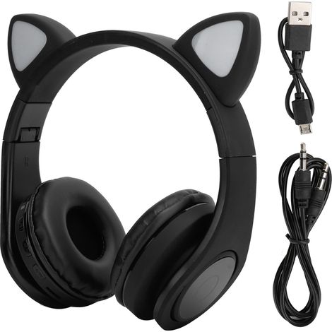 Casque Bluetooth 5.0 en Forme d'Oreilles de Chat avec Microphone et Réduction de Bruit LED pour Adolescents - Noir (1/5)
