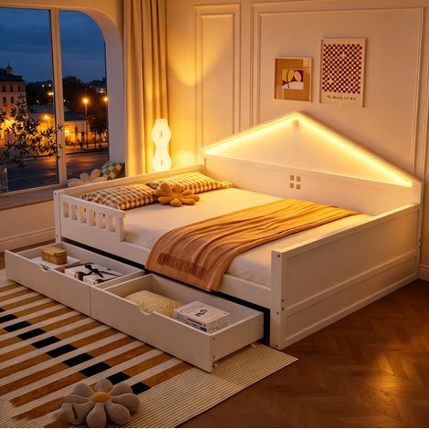 Letto matrimoniale 140x200 cm con illuminazione a LED e 2 cassetti contenitore, rete a doghe, struttura in legno stabile - bianco (1/5)