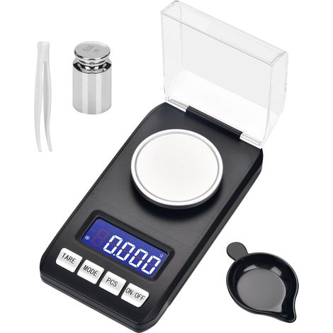 Balance de Précision 50g x 0.001g Balance Milligrammes avec Poids d'Étalonnage 50g Complet Plateau Pince à Épiler Fonctions TARE/PCS/LCD Rétroéclairé pour Bijoux Cuisine Médicaments (1/5)