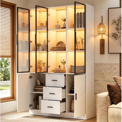 Vetrina contenitore 120x30x200 cm con illuminazione LED RGB, Bluetooth, 3 cassetti, ante in vetro, bianca (1/5)