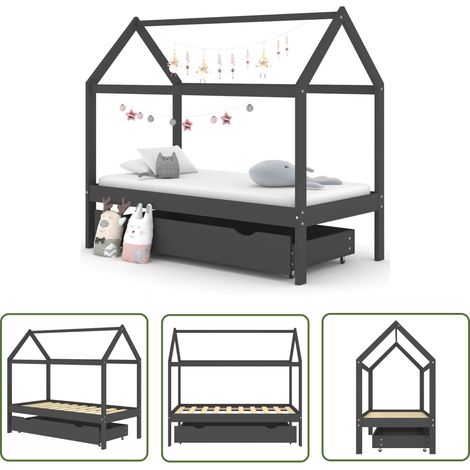 The Living Store Kinderbett mit Schublade Dunkelgrau Massivholz Kiefer 80x160 cm - Holz Kinderbett - Baumhaus Stil Kinderbett - Kiefer Massiv Kinderbett - Kinderbett Mit Schublade - Jugendbett (1/5)