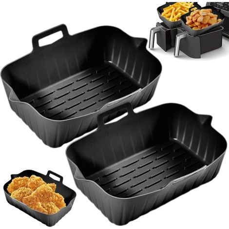 Set bestehend aus 2 Silikon-Heißluftfritteusen-Behältern mit Griff, wiederverwendbarer Heißluftfritteusen-Einlage und Silikonkorb (1/4)