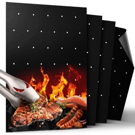 4-Pack tapis barbecue antiadhésif (trous), robustes (500°), accessoires facile nettoyage/réutilisation, compatible grils électrique/charbon (1/2)
