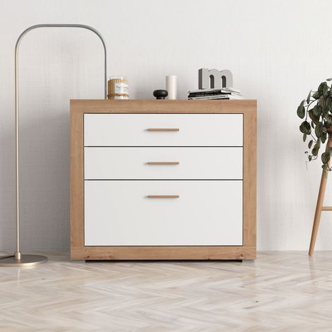 Cassettiera Hampi, 3 Cassetti, con Piedini, Apertura Scorrevole, 90x35x79h cm Bianco (1/5)