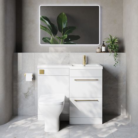 Napoli 390 Gloss White 1000mm 2 Drawer Vanity Unit Toilet Suite with Right Hand Square Lucia Basin - 1000mm - Brushed Brass 320mm HandleWith Kingston Toilet Pan and Seat