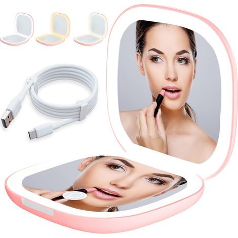 Miroir de poche LED avec grossissement 1X/10X, miroir grossissant avec lumière, miroir de voyage avec intensité variable et lumière LED double face, pliable, cadeau pour fille, rose