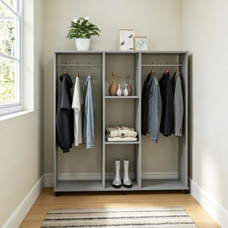 Portant à vêtements ouvert, organisateur de rangement mobile à plusieurs compartiments, présentoir à vêtements autoportant (1/4)