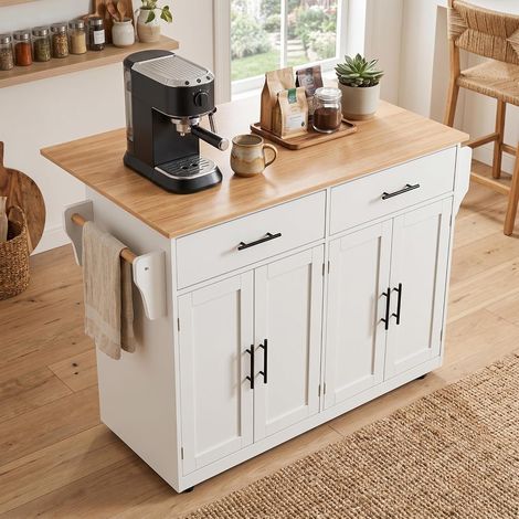 FurnitureR White Kitchen Island 120x71x91.5cm with 2 Drawers 4 Doors (1/5)