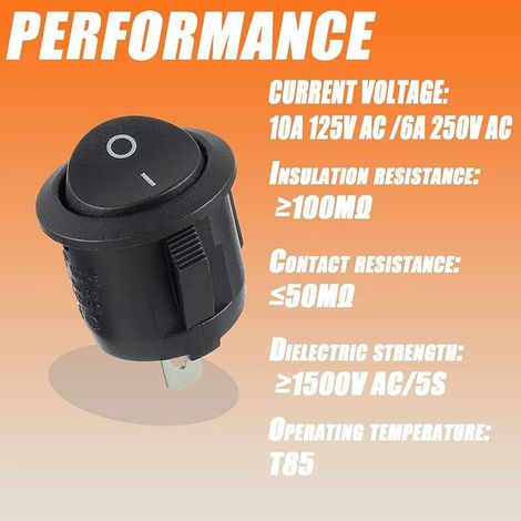 Runder Wippschalter, Wechselstrom 6A/250V, 10A/125V, SPST, 2-poliger Wippschalter, Verriegelungsknopfschalter, für Auto, Boot, LKW (10 Stück) (1/4)