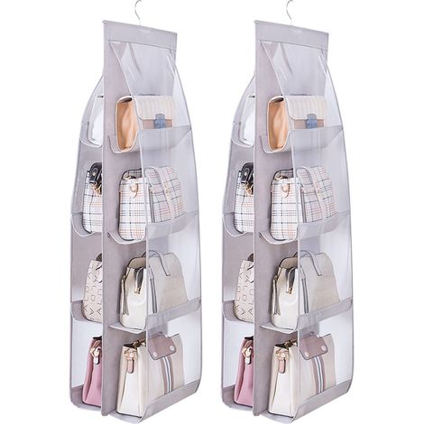 Organisateur de sac à main suspendu en 2 pièces pour armoires, avec 8 poches transparentes pratiques en PVC, gris (1/5)