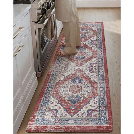 1 Tapis De Cuisine Antidérapant Imperméable Mousse 10mm Style Boho Pour Évier Et Couloir 60x150cm Rouge