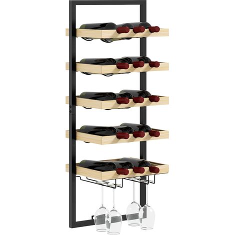Portabottiglie da Parete per 15 Bottiglie e 4 Calici 35x25x86cm in Legno e Acciaio (1/5)