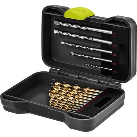 goobay Juego de brocas para metal y piedra 17 piezas con punta centradora, brocas HSS titanio y carburo, Ø 1,5–10 mm, en caja resistente con marcaje por tamaño, 77848