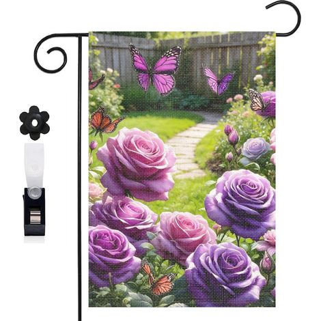 Drapeau vertical papillons multicolores et roses violettes 30 x 45 cm décoration saisonnière cour (1/5)