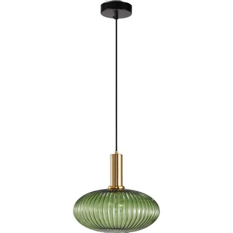 Lampe suspendue, suspension en verre vert avec douille de suspension en cuivre doré (1/5)