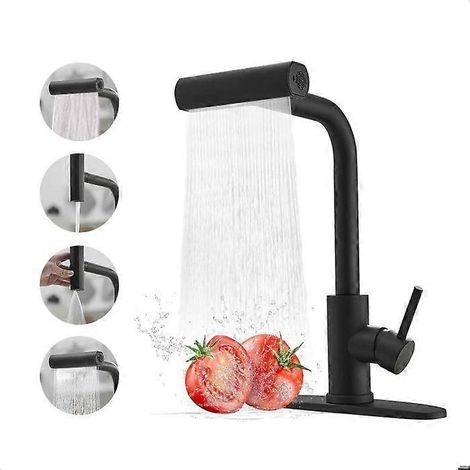 Robinet de cuisine noir avec douchette extractible, robinet d'évier effet cascade, robinet de cuisine professionnel en acier inoxydable, robinet de cuisine à poignée unique (1/5)