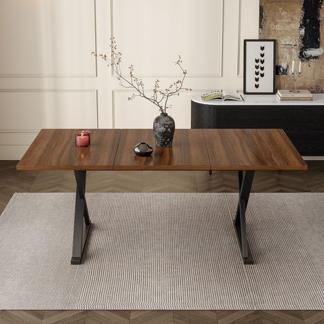 Table à manger extensible pour 6 à 8 convives – Style moderne noyer – Pieds métalliques en X ultra-stables – Montage simplifié – 180×90×75 cm – Adapté salon salle à manger (1/5)