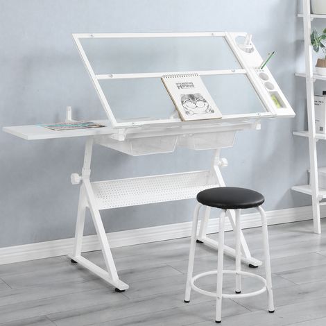 Table et chaise réglables en verre trempé blanc pour le dessin et l'impression (1/5)