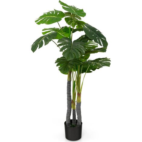 GOPLUS Monstera Artificiel de 121,9 cm, Plante Faux Monstera Deliciosa avec 20 Grandes Feuilles, 3 Troncs et Mousse Réaliste, Plante Décorative à Feuilles Persistantes avec Pot (1/5)