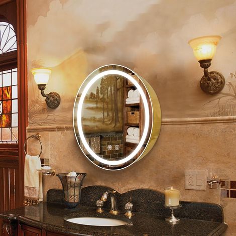 Armoire à pharmacie ronde de 51 cm avec lumières LED avec désembueur, miroir lumineux pour salle de bain, intensité variable, anti-buée, température de couleur 3000 K-6500 K, dorée (1/5)