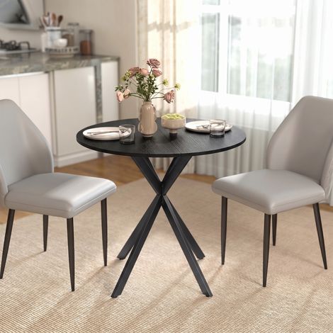Table à Manger Ronde pour 2 Personnes avec Plateau Aspect Bois et Piètement Croisé en Acier (1/5)