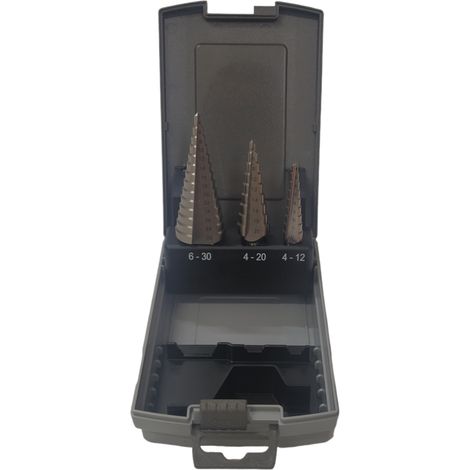 SET FRESE CONICHE ALLARGAFORO 3pz A GRADINO HSS-G 4-30mm SCALINO CONICO INECO (1/4)