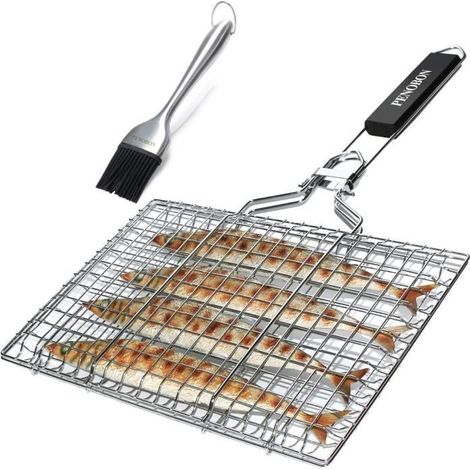 KLVGTIFS PU - Panier Grille pour Barbecue, Pliable en Acier Inoxydable, Légumes ou Crevettes, avec Poignée Amovible, Brosse à Badigeonne (1/4)