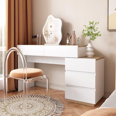 Toletta moderna, tavolo da trucco con 5 cassetti, mobiletto laterale, scrivania da camera da letto bianca e legno, 125x39x76 cm (1/5)